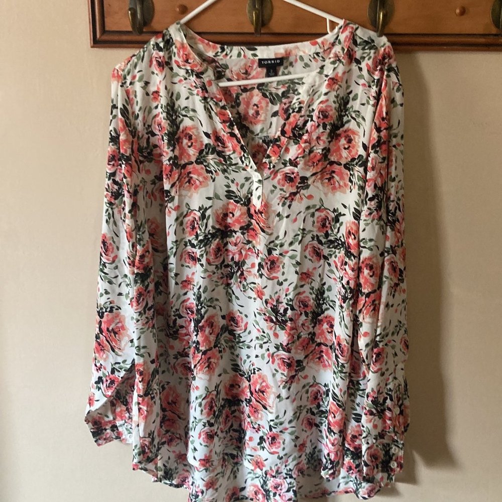Torrid Floral Blouse - Pink and White